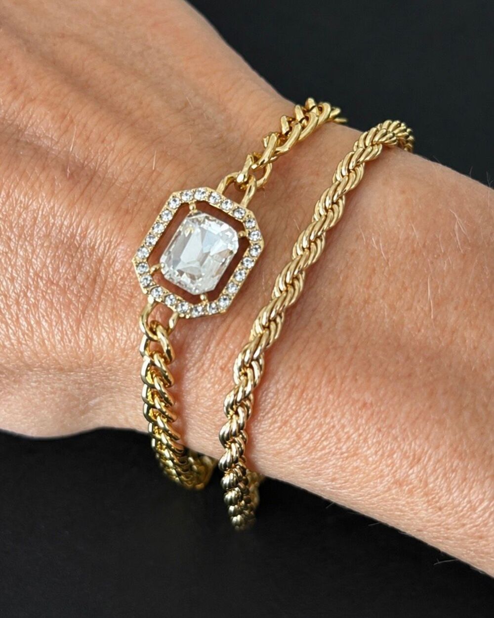 Set of 2 Gold Tone Anklets or Bracelets with Crystal Accents